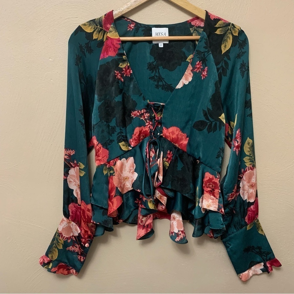 Misa Los Angeles Green Floral Bloom Lace Up Peplum Ruffles Blouse Top Size Small